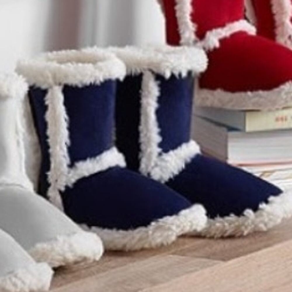 Pottery Barn Kids Suede Sherpa Slippers Size 13-2 Navy Cozy Winter NEW Holiday
